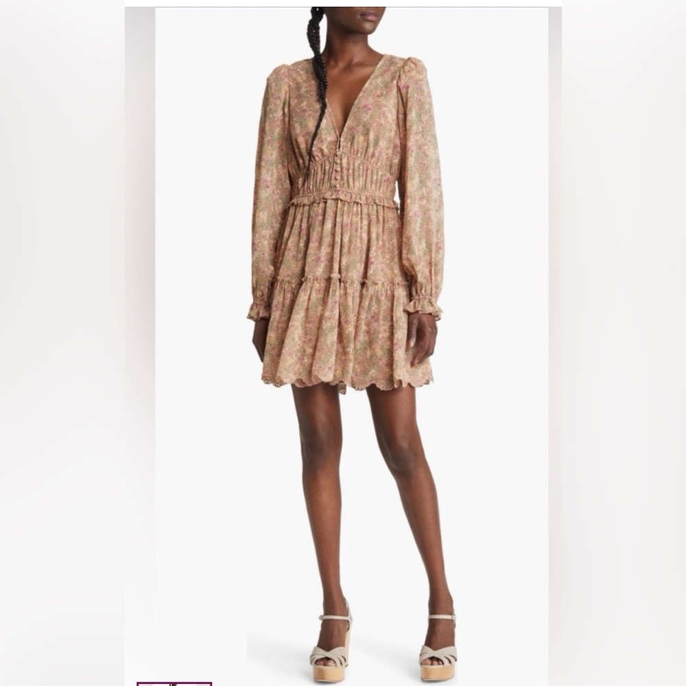 Floret Studios Gathered Waist Mini Dress Tan Pink Floral Deep V-Neck Dress Sz XL